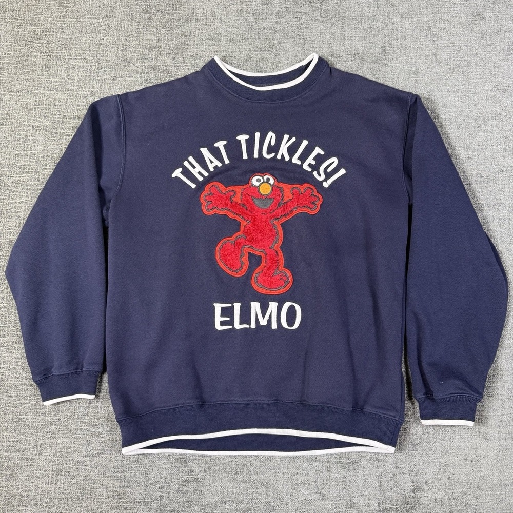 Vintage Tickle‎ Me Elmo Sesame Street Crew Sweatshirt Blue Fuzzy Stitched Sz L